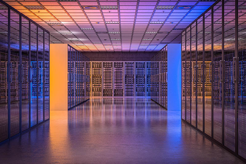 image 3d render of a modern database server room.